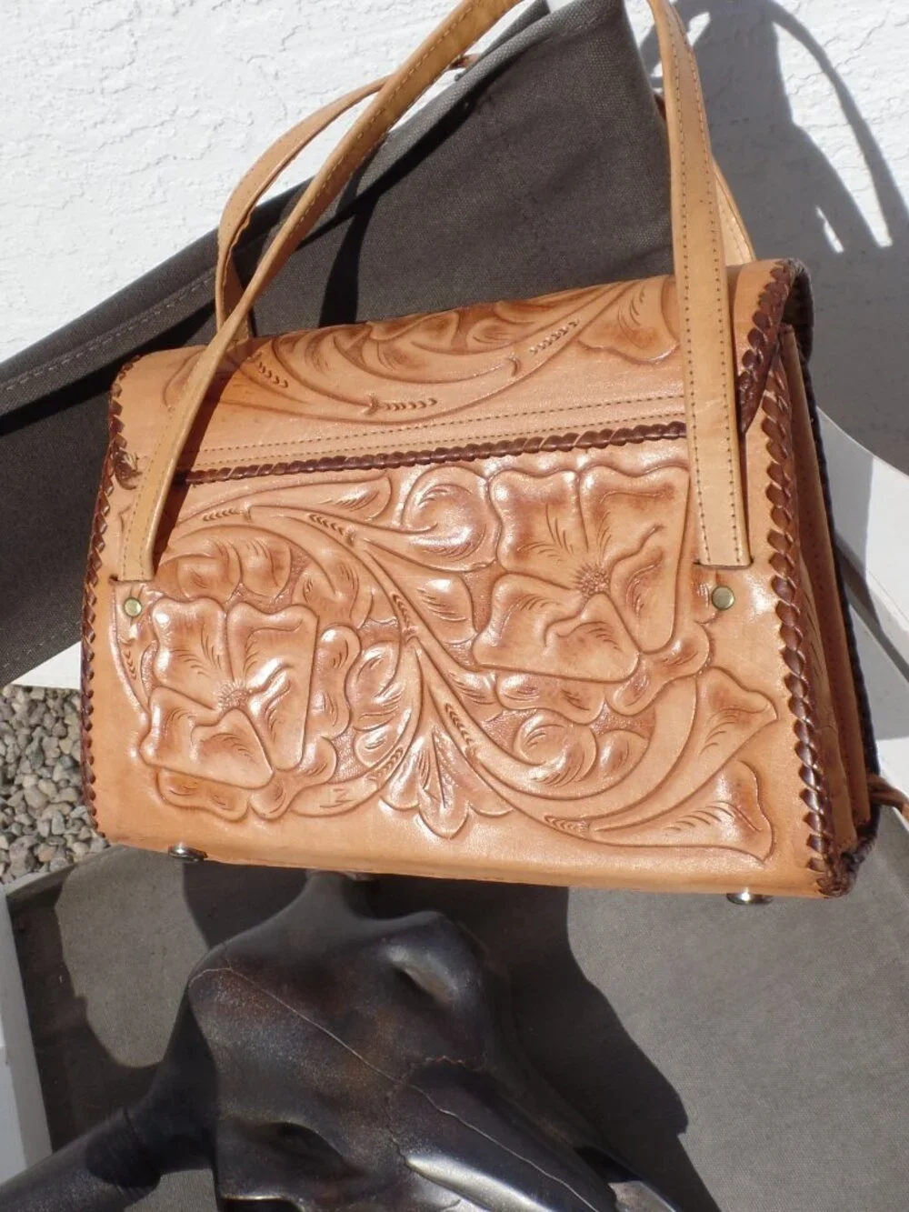 Vintage Hand-Tooled Leather Mexican Top-Handle Satchel 70's